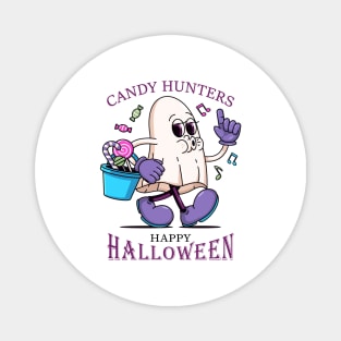 Happy Halloween, Cartoon illustration of a white cloth ghost carrying a tub of candy Magnet